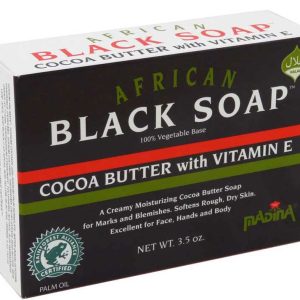 African Black Soap packaging featuring cocoa butter with vitamin E, highlighting its moisturizing properties for skin care, suitable for various skin types.