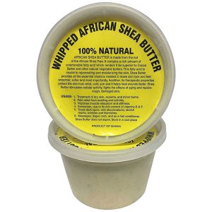 Whipped African Shea Butter container with yellow label, highlighting "100% Natural," emphasizing its use for skin and hair care, relevant to La Belle African Braids' product offerings.
