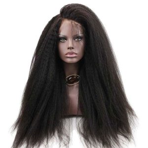 African wig displayed on a mannequin head, showcasing long, voluminous black hair, emphasizing beauty and hair care products available at La Belle African Braids.